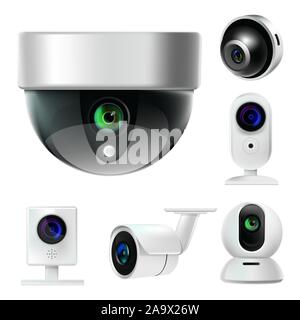 Surveillance camera or CCTV isolated icons, security system Stock Vector