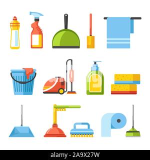 Household and housekeeping equipment, cleaning tools isolated icons Stock Vector