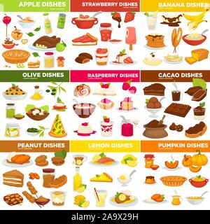 Cooking dishes, poultry and desserts, porridge and salad isolated icons Stock Vector