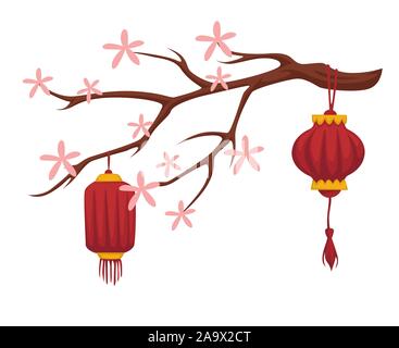 Blooming sakura and Chinese paper lanterns isolated icon Stock Vector