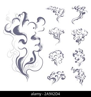 Smoke and vapor or steam, smoking cigarettes and fire burning, isolated icons Stock Vector