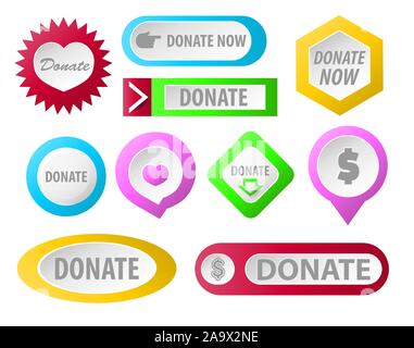 Donation and charity, donate buttons isolated icons for web page Stock Vector
