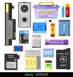 Electricity charge, batteries isolated icons, accumulator energy Stock Vector