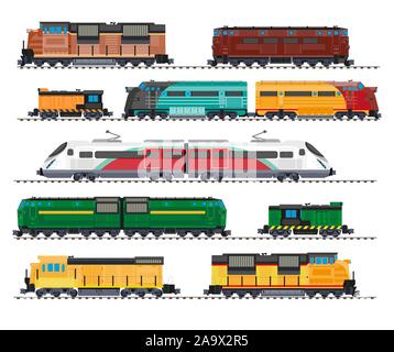 Electric and diesel locomotives, high speed train, cargo wagons isolated icons Stock Vector