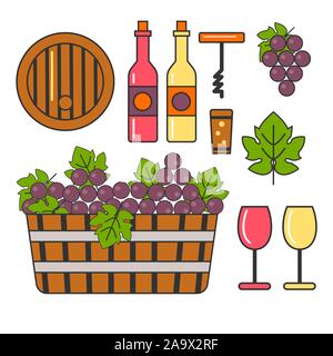 Grapes and wine, winemaking and winery, barrel and bottle isolated icons Stock Vector