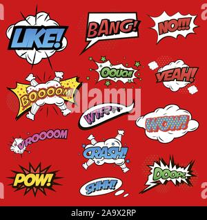 Sounds visualization, comic signs, like and boom or bang Stock Vector