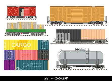 Railway transport, freight train wagons isolated icons Stock Vector