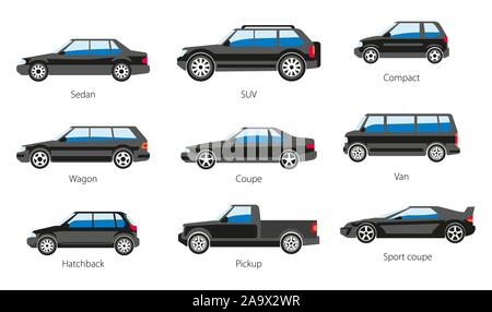 Vehicle body types, car carcass shape and model names isolated icons Stock Vector