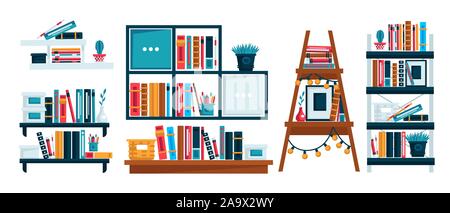Home library, bookshelves or office shelf, study room interior, isolated icons Stock Vector