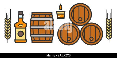 Craft beer and brewery isolated icons, bottle and barrels Stock Vector