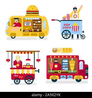 Street food trucks, burgers and popcorn, Chinese noodles and doners Stock Vector