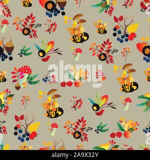 Autumn seamless pattern with berries, acorns, pine cone, mushrooms, branches and leaves. Stock Vector