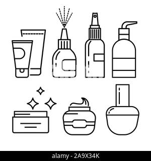 Cosmetics containers, skincare cream and lotion jar or bottle, nasal spray Stock Vector