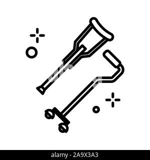 Cane and crutch isolated line icon, walking stick linear symbol Stock Vector