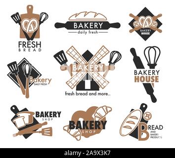 Bread loaf and kitchen tools, bakery shop isolated icons Stock Vector