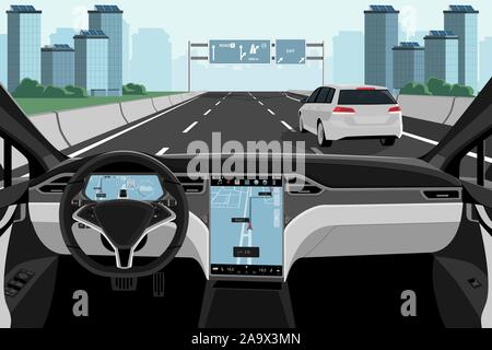 Self driving car on a road. Autonomous vehicle. Inside view. Vector illustration EPS 10 Stock Vector