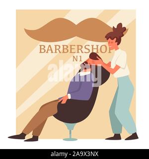 Man with beard in barbershop and woman barber, hairstyle and head massage Stock Vector