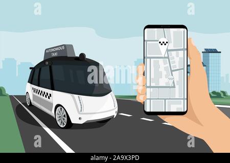 Control of autonomous bus by futuristic smartphone with mobile app . Concept. Stock Vector