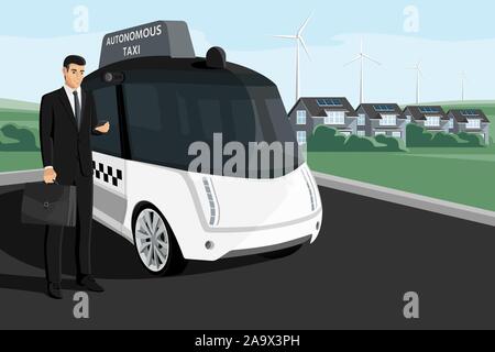Businessman with smart phone ordering autonomous self driving taxi. Vector illustration. Stock Vector