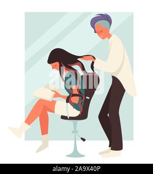 Hairdresser coloring or dyeing hair while girl reading magazine or book Stock Vector