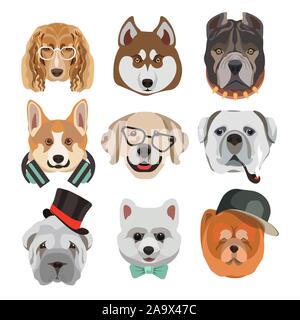 Dog heads or faces with eyeglasses and hats or smoking pipe Stock Vector