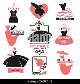 Female clothes shop or fashion boutique isolated icons Stock Vector