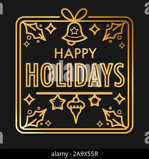 Christmas holiday greeting card with gold lettering and jingle bell Stock Vector