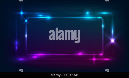 Colorful Blue Pink Neon frame sign in the shape of a rectangle. Abstract dark background. Modern tech design template background. Vector modern neon b Stock Vector