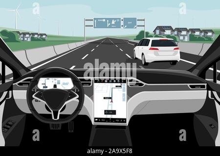 Self driving car on a road. Autonomous vehicle. Inside view. Vector illustration EPS 10 Stock Vector