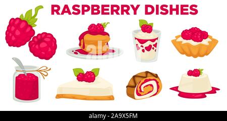 Desserts or raspberry dishes, berry cooking ingredient isolated icons Stock Vector