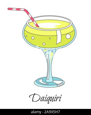 Bar cocktail, daiquiri drink with straw in glass, isolated icon Stock Vector