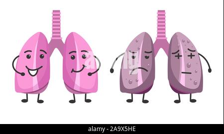 Healthy and ill lungs isolated icons, organs with happy and sad face Stock Vector