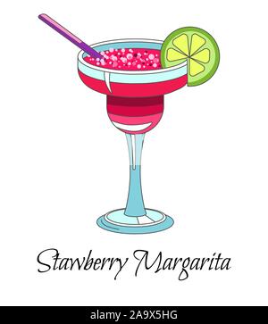 Cocktail drink, strawberry margarita with lime and straw, isolated icon Stock Vector