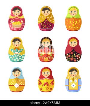Matryoshka toy, Russian symbol or souvenir isolated icons Stock Vector
