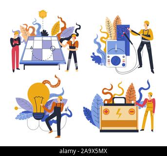 Electric power and electricity, energy and electrician service, isolated icons Stock Vector