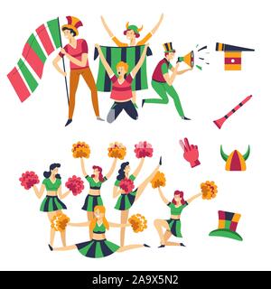 Cheerleaders and fans, buffs supporting football team, flags and hats Stock Vector