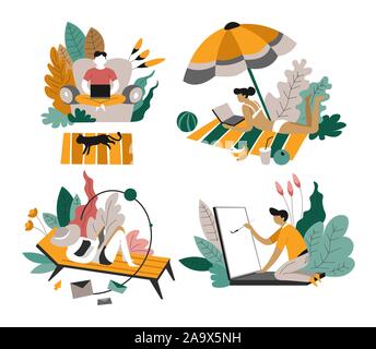 Distant work or freelance, freelancers with laptops home or on beach Stock Vector