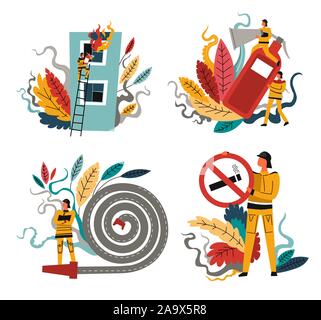 Firefighting and fire protection, firefighters and work equipment, isolated icons Stock Vector