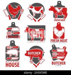 Meat products, butcher shop or house isolated icons Stock Vector