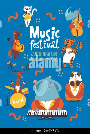 Jazz music festival poster design with cartoon animals playing music instruments Stock Vector