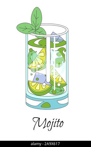 Cocktail party, mojito drink with ice cubes, lime and mint Stock Vector