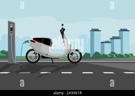 Electric scooter for sharing with charging station on a city street Stock Vector