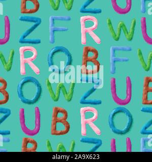 Seamless pattern with alphabet. Handmade modeling clay letters. Realistic 3d vector lettering background. Stock Vector