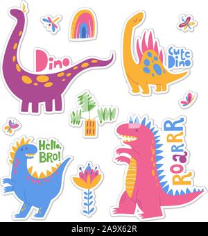 Stickers with cool dinosaurs, plants and lettering. Stock Vector