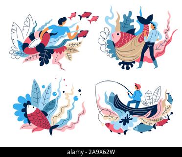 Fishing sport isolated abstract icons, fishermen and fishery equipment Stock Vector