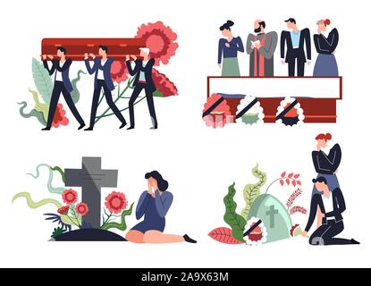 Burring and interment, funeral ceremony on cemetery, isolated icons Stock Vector
