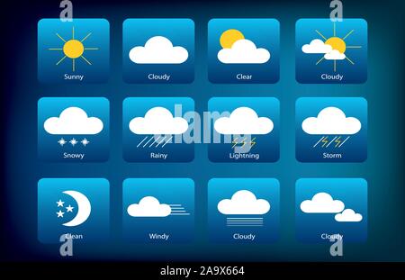 Set of Weather Icons. Meteorology illustrations isolated on dark blue gradient background. Stock Vector