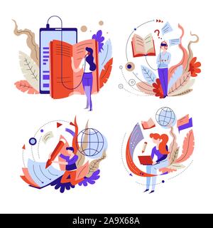 Online education and audio books isolated abstract icons Stock Vector
