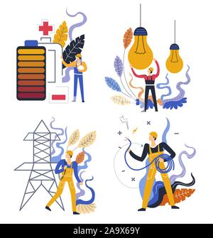 Power and electricity generation, charge and light bulbs, tower and cable Stock Vector