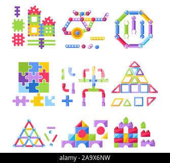 Building kit or constructor, kid toy, puzzle or jigsaw, isolated icons Stock Vector